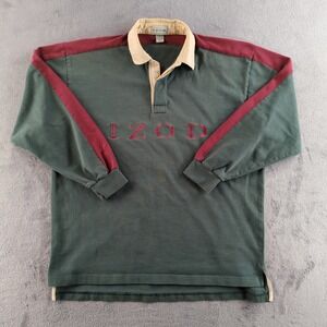 Vintage 90s IZOD Rugby Shirt Mens L Green Red Color Block Polo Cotton Spellout